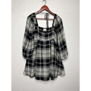 Urban Outfitters Size Small Grey & Black & Plaid Mini Dress Peasant Sleeves